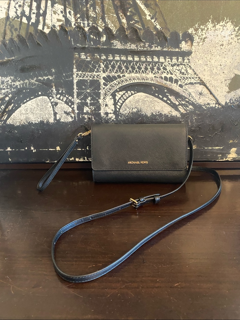 Authentic Michael Kors Black Leather Crossbody Wallet with Gold Logo